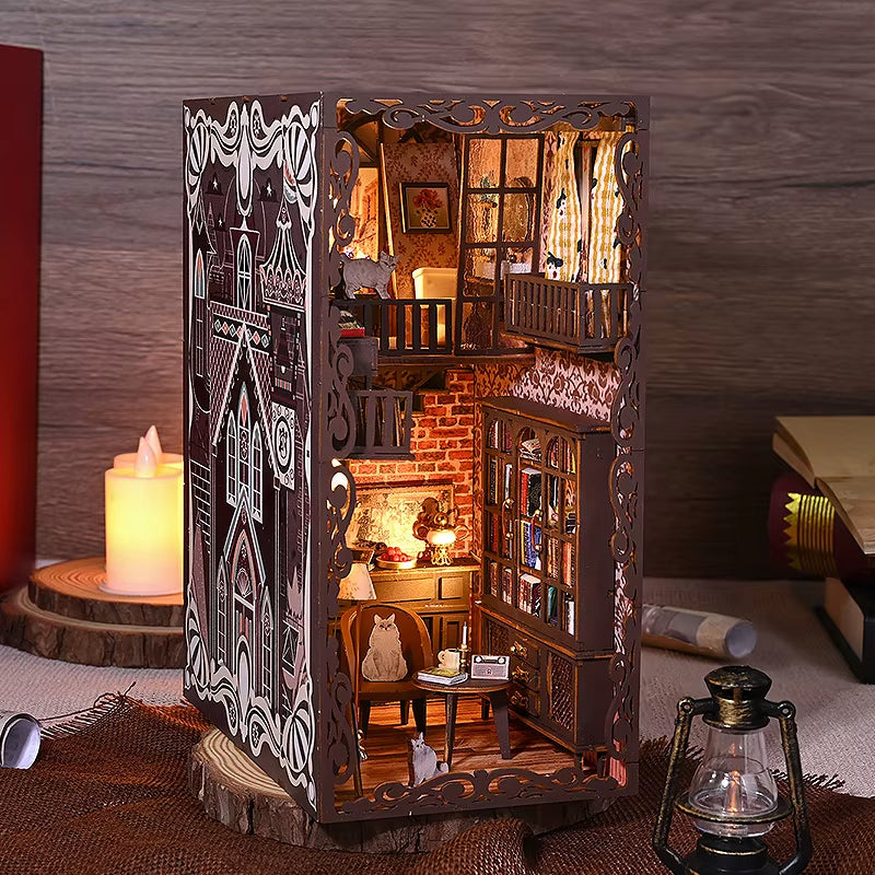 DIY Book Nook Kit Miniature Doll House with LED Light 3D Puzzle Model Building Wooden Bookshelf Bookend Toy Adults Birthday Gift