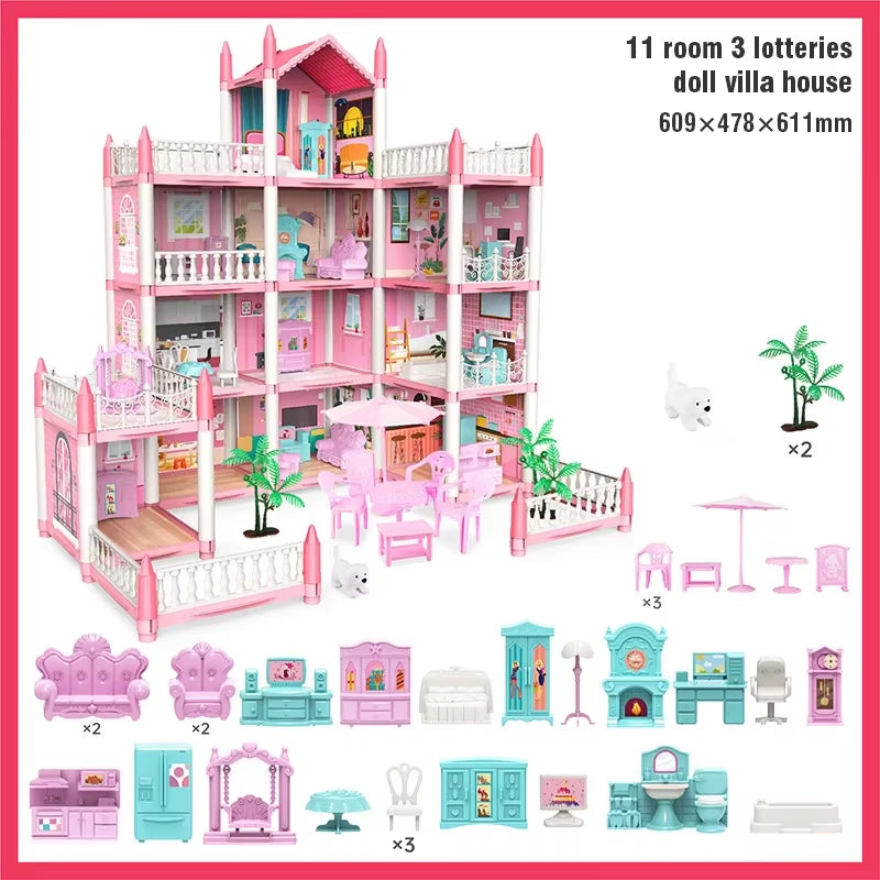 3D DIY Dream Princess Castle Villa Assembly Doll House Set Toy Girl Family Toy Children'S Music Doll House Assembly Villa House