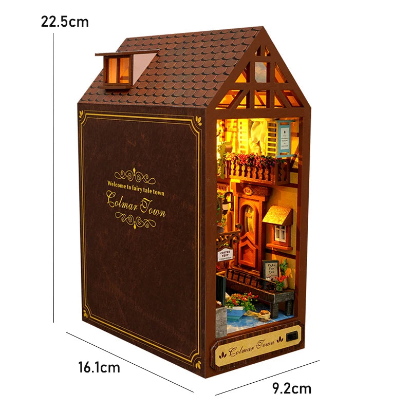 DIY Book Nook Kit Miniature Doll House with LED Light 3D Puzzle Model Building Wooden Bookshelf Bookend Toy Adults Birthday Gift