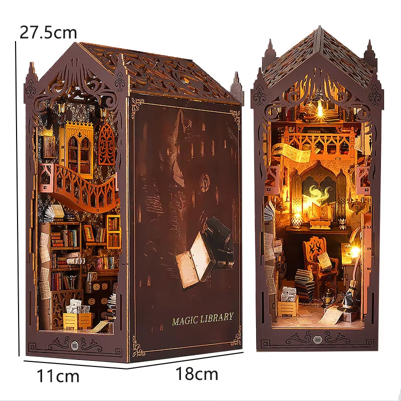 DIY Book Nook Kit Miniature Doll House with LED Light 3D Puzzle Model Building Wooden Bookshelf Bookend Toy Adults Birthday Gift