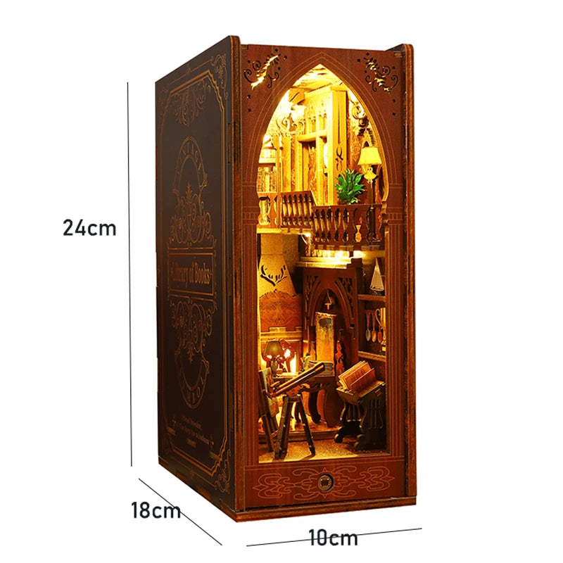 DIY Book Nook Kit Miniature Doll House with LED Light 3D Puzzle Model Building Wooden Bookshelf Bookend Toy Adults Birthday Gift