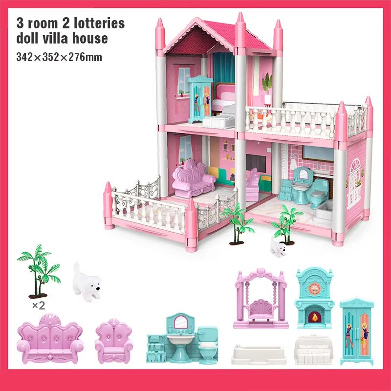 3D DIY Dream Princess Castle Villa Assembly Doll House Set Toy Girl Family Toy Children'S Music Doll House Assembly Villa House