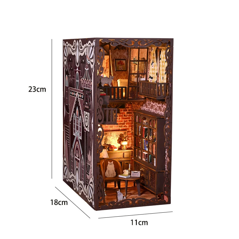 DIY Book Nook Kit Miniature Doll House with LED Light 3D Puzzle Model Building Wooden Bookshelf Bookend Toy Adults Birthday Gift