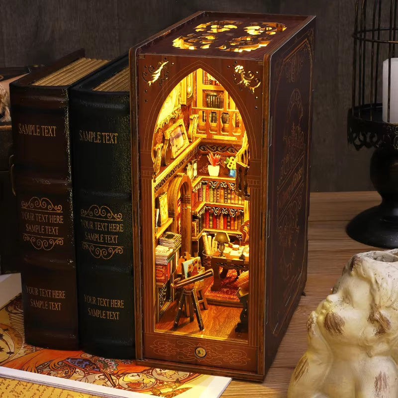 DIY Book Nook Kit Miniature Doll House with LED Light 3D Puzzle Model Building Wooden Bookshelf Bookend Toy Adults Birthday Gift