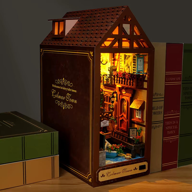 DIY Book Nook Kit Miniature Doll House with LED Light 3D Puzzle Model Building Wooden Bookshelf Bookend Toy Adults Birthday Gift