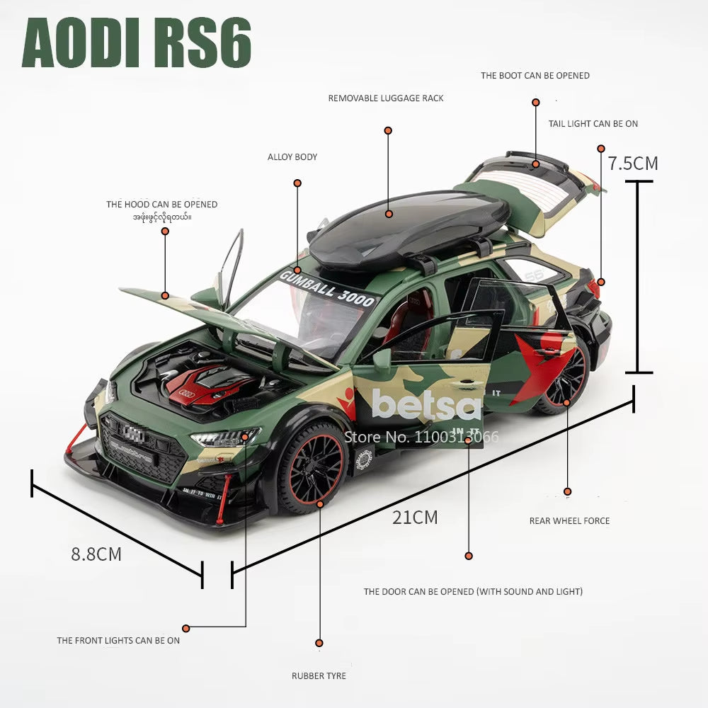 1/24 Audi RS6 Modified Vehicles Car Model Toys Alloy Diecast with Pull Back Light & Sound Model Cars Boys Gifts for Children